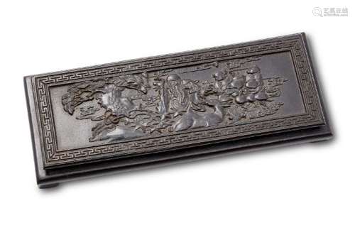 A Chinese carved wood rectangular stand, 20th century, carved in low relief to the top surface