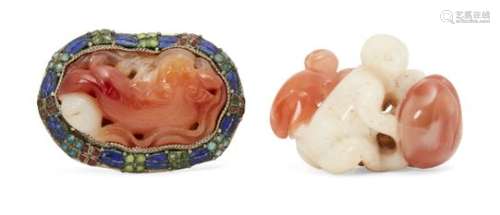 Two Chinese carnelian agate carvings, 18th-19th century, one finely carved as a monkey holding a