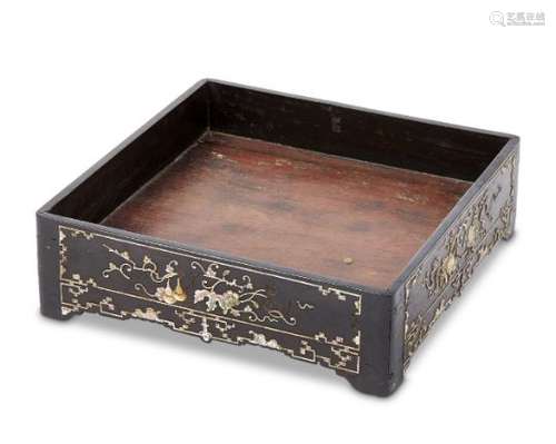 A Chinese hardwood and mother-of-pearl inlaid square tray, mid-19th century, decorated to the