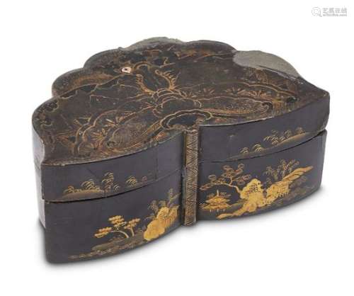 A Chinese black lacquer butterfly-shaped box, 19th century, the interior with two layers each of