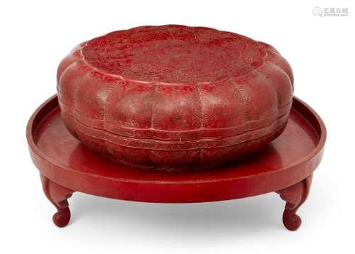 A large Chinese red lacquer lobed circular box and cover, early 20th century, incised throughout