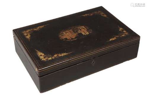 A Chinese export lacquer box, mid-19th century, decorated to the cover with figures in a