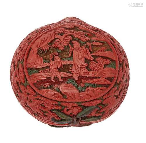 A large Chinese cinnabar lacquer three-colours 'peach' box and cover, Qianlong period, the box