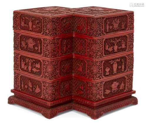 A rare Chinese cinnabar lacquer tiered double lozenge shaped box and cover, Qianlong period, the