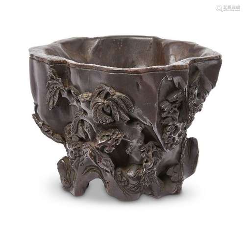 A rare Chinese carved chenxiangmu (aloeswood) brush pot, 17th/18th century, finely carved with