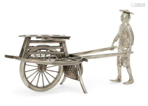 A Chinese export silver figure, Luen Wong, late 19th century, modelled as a farmer pushing a cart,