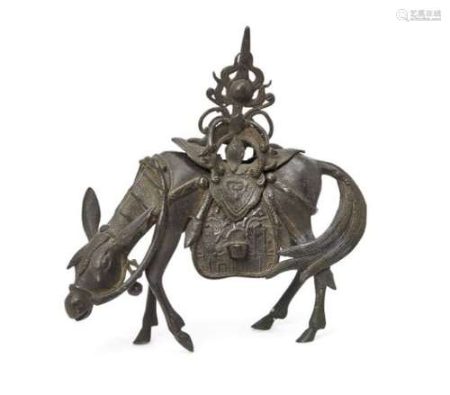 A Chinese bronze incense burner, 18th/19th century, modelled as a caparisoned donkey, 19cm longOld