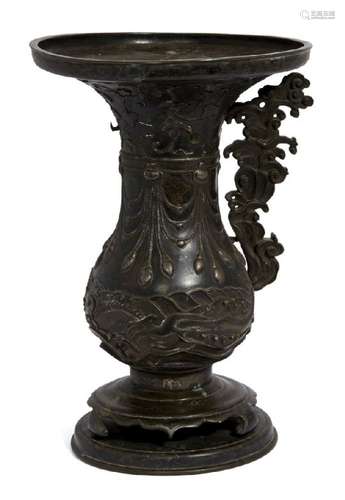 A Chinese bronze and silver inlaid flared vase and stand, mid-19th century, cast to the neck with