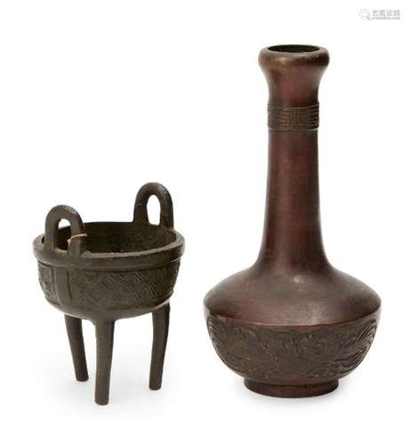 A Chinese bronze miniature tripod vessel, ding, 17th century, with high loop handles to rim and cast