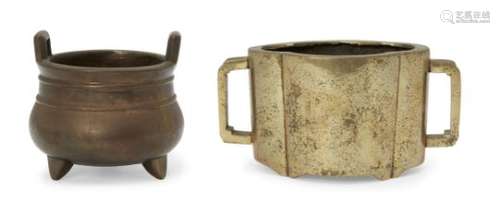 Two Chinese bronze censers, late Qing dynasty, one of quatrilobe form with two applied handles, 16cm