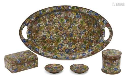 A Chinese cloisonné five-piece dressing table set, early 20th century, comprising tray, 42cm wide,