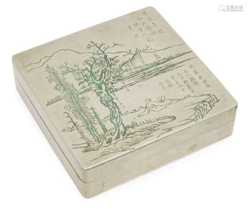 A Chinese paktong square ink box, early 20th century, incised to the cover with a scholar in a