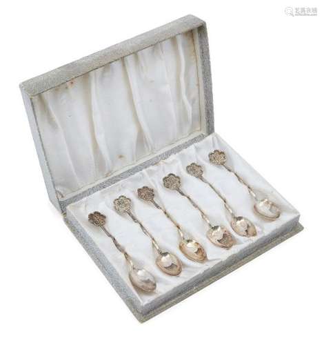 A cased set of six Chinese silver teaspoons, mid-20th century, with auspicious characters to finials