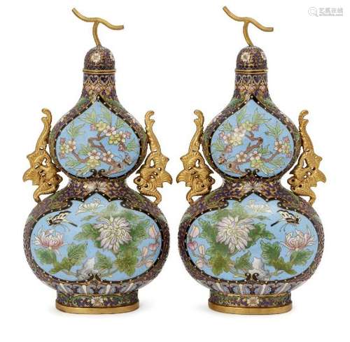 A pair of Chinese cloisonné double-gourd vases with covers, late 19th century, with shaped