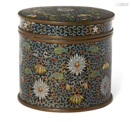 A Chinese cloisonné tobacco jar, early 20th century, decorated with flowering lotus scrolls on a