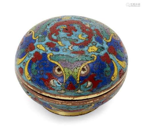 A Chinese cloisonné circular box and cover, Ming dynasty, 16th/17th century, decorated in vivid