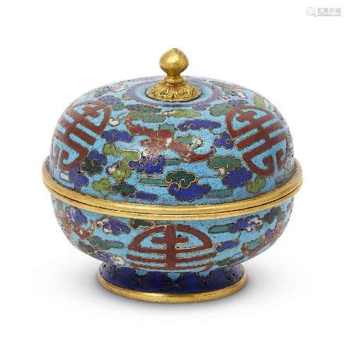 A Chinese gilt bronze and cloisonné circular box and cover, 18th century, with knop finial,