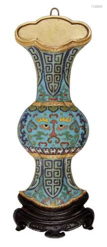 A rare Chinese gilt metal and cloisonné trompe l'oeil gu-form wall vase, Qianlong period,