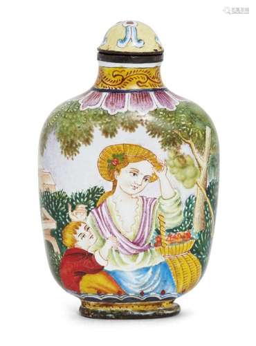 A Chinese 'European subject' painted enamel snuff bottle, early 20th century, decorated with a woman