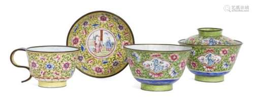 Four pieces of Chinese Canton painted enamel, 19th century, comprising a bowl and cover, 6.5cm high,