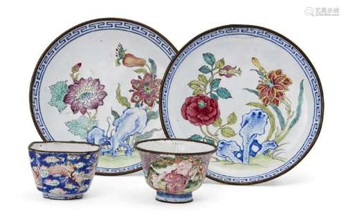 Four pieces of Chinese Canton painted enamel, 18th and 19th century, comprising pair of dishes