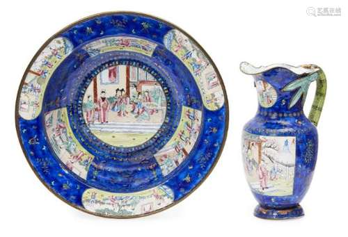 A large Chinese Canton enamel jug and bowl set, mid-19th century, painted with panels of figures