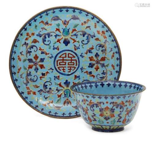 A Chinese Canton painted enamel imitation cloisonné teabowl and saucer, mid-19th century, painted