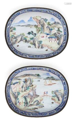 A pair of Chinese Canton enamel oval dishes, early 19th century, each painted with expansive