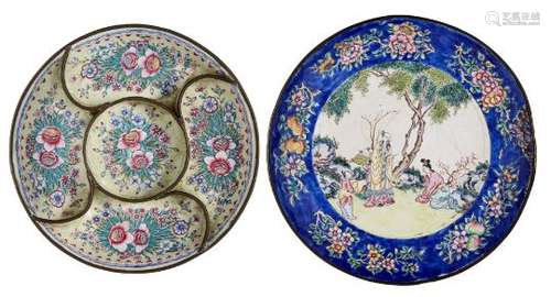 A Chinese Canton enamel dish and an hors d'oeuvres dish, late 18th century, the hors d'oeuvres