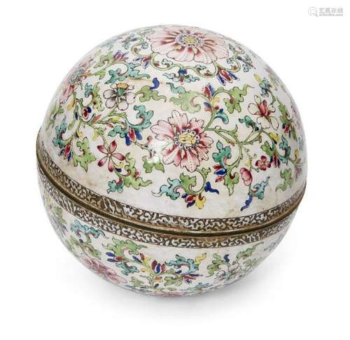 A Chinese Canton painted enamel spherical box, Qianlong period, decorated with meandering