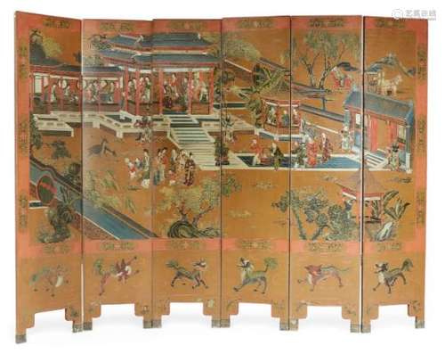 A pair of Chinese six-panel lacquer screens, late Qing dynasty, painted to one side with floral