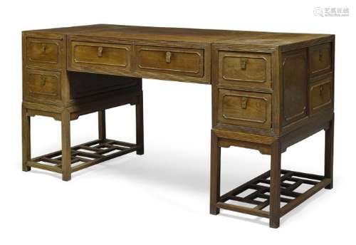 A Chinese hongmu partner's desk, late Qing dynasty, with arrangement of six drawers to the front,