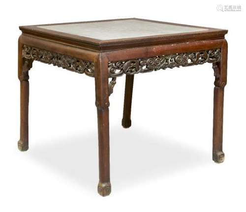 A Chinese hardwood and marble inset square table, late 19th century, the square top above carved