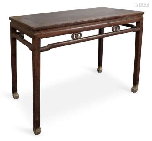 A Chinese hardwood rectangular side table, late Qing dynasty, with openwork frieze on square