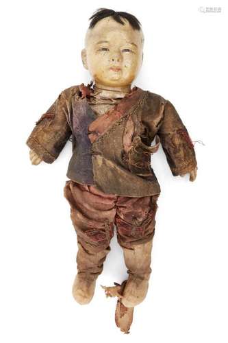 A Chinese composite doll, late 19th century, with painted facial features and wearing silk