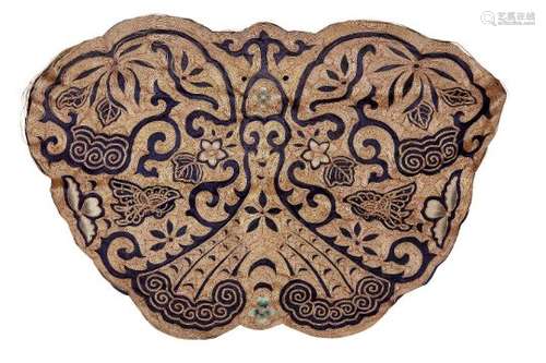 A Chinese silk embroidered butterfly panel, early 20th century, shaped as a butterfly in gold