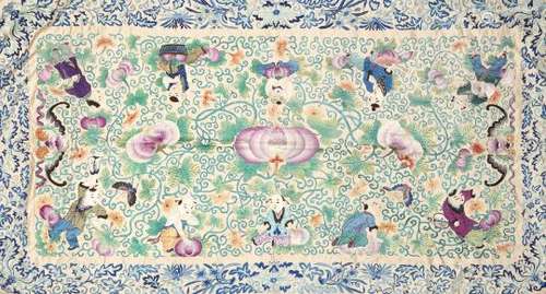 A Chinese silk embroidered 'pomegranate' throw, early 20th century, decorated with children