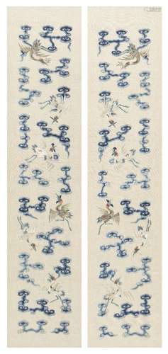 A pair of Chinese silk embroidered sleeves, late Qing dynasty, decorated with cranes in flight