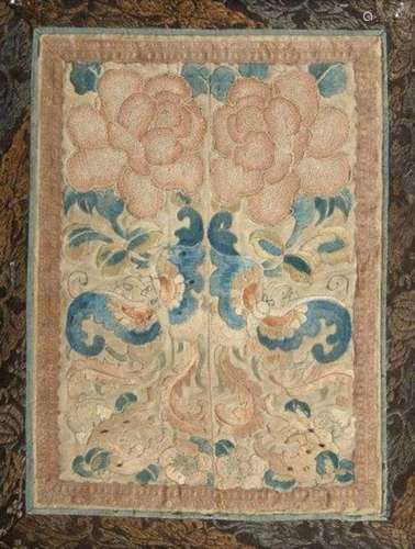 A Chinese silk embroidered panel, late 19th century, decorated with a pair of butterflies and