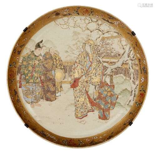 Japanese Satsuma plate, late Meiji period, depicting a woman and girl walking in a garden being