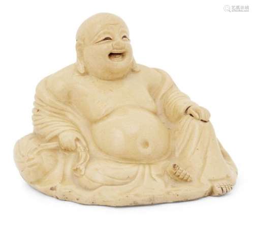 A Japanese pottery figure of Hotei, 19th century, modeled seated on his bindle with laughing