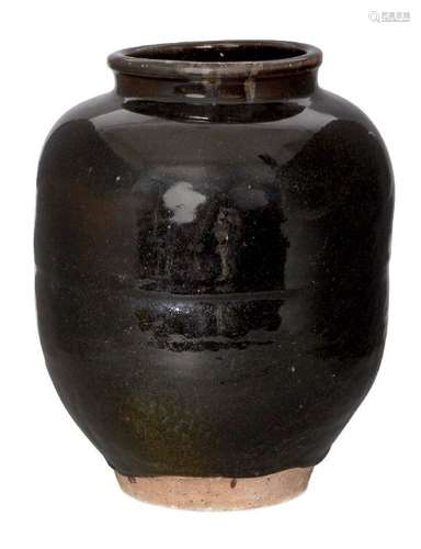 Two large Japanese stoneware jars, 20th century, one of globular form with tenmoku glaze, incised