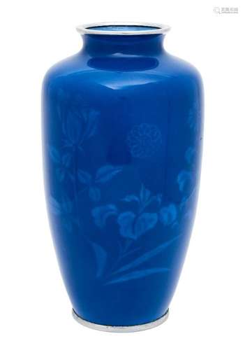 A Japanese blue enamel ovoid vase by Tamura, early 20th century, decorated with musen shippo