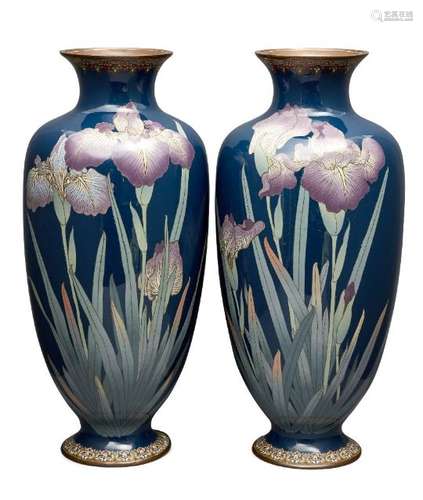 A pair of large Japanese cloisonné baluster vases, Meiji period, decorated with irises on a blue