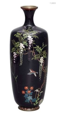 A Japanese cloisonné enamel vase, Meiji period, finely decorated with sparrow beneath wisteria,