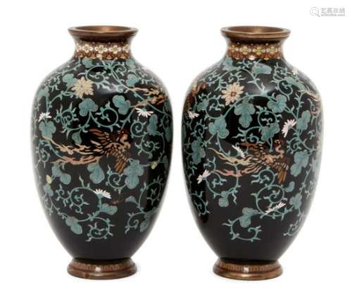 A pair of Japanese cloisonné enamel vases, Meiji period, decorated with ho-o birds against scrolling