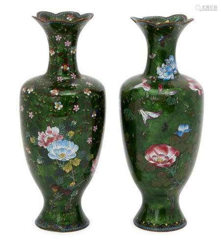 A pair of Japanese ginbari enamel baluster vases, Meiji period, decorated with floral sprays on a