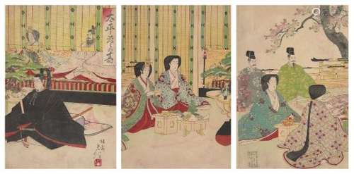 Yoshu Chikanobu, Japanese 1838-1912, Tranquil Court Scene, 1890, woodblock print in colours,