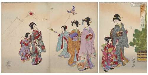 Yosai Nobushige, Japanese active 1894-97, New Year's Kite Flying, 1896, woodblock print in