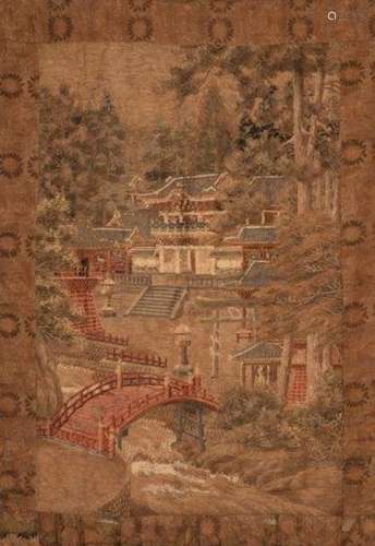 Japanese embroidered wall hanging, 19th century, depicting a spectacular mountain shrine, 183 x